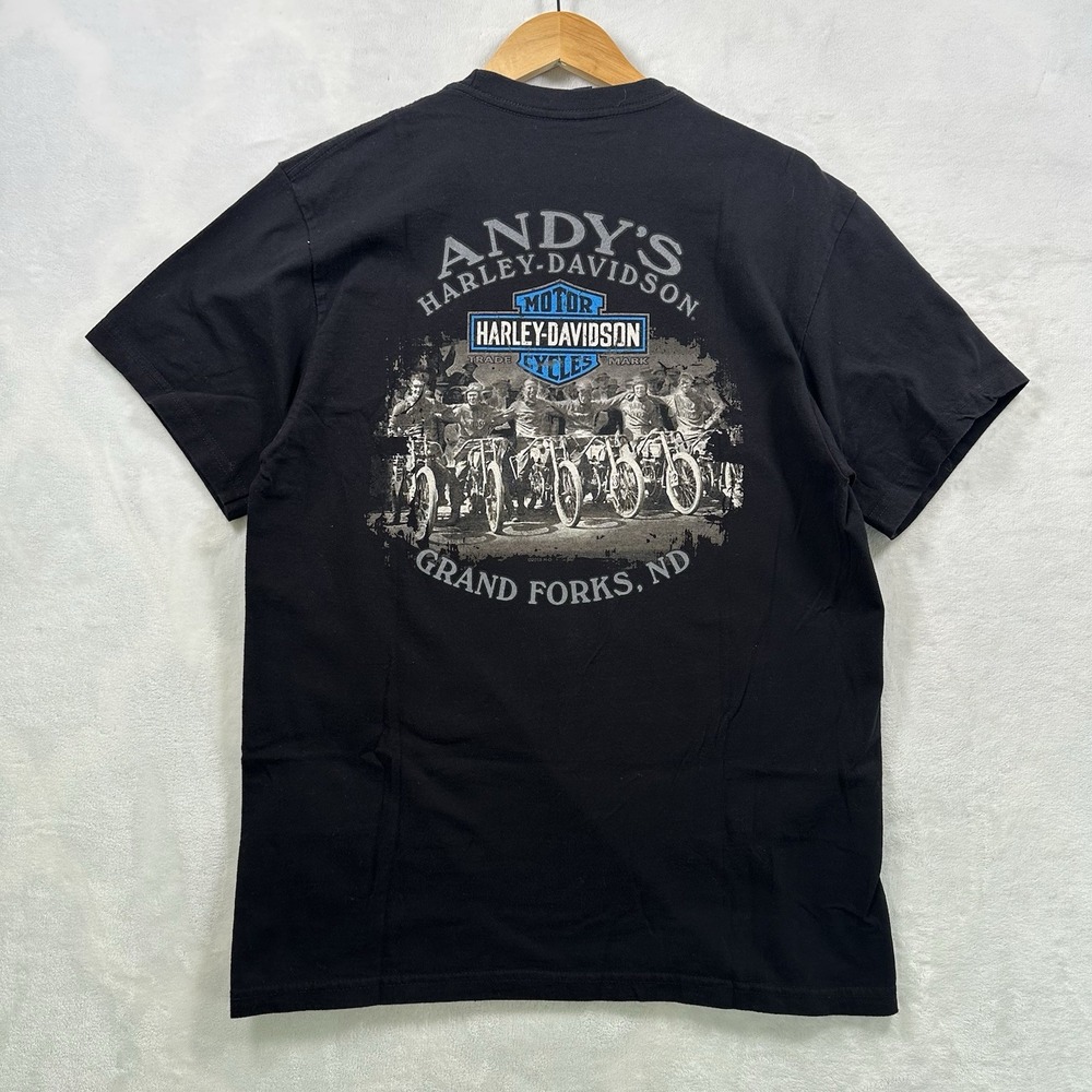 Harley-Davidson Andy's Grand Forks ND Black Graphic Tshirt Mens Large USA Made